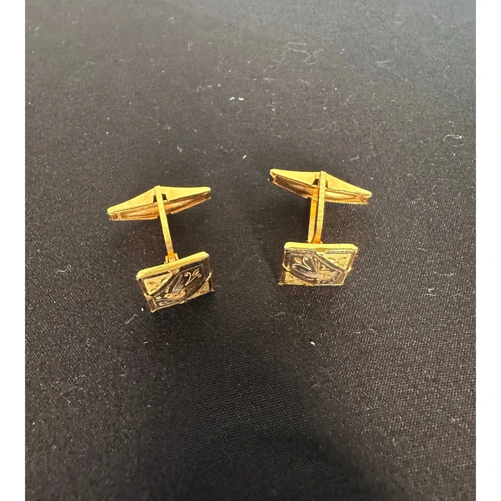 Spanish Damascene Vintage Gold Tone & Black Cufflinks Etched Bird/Floral Motif